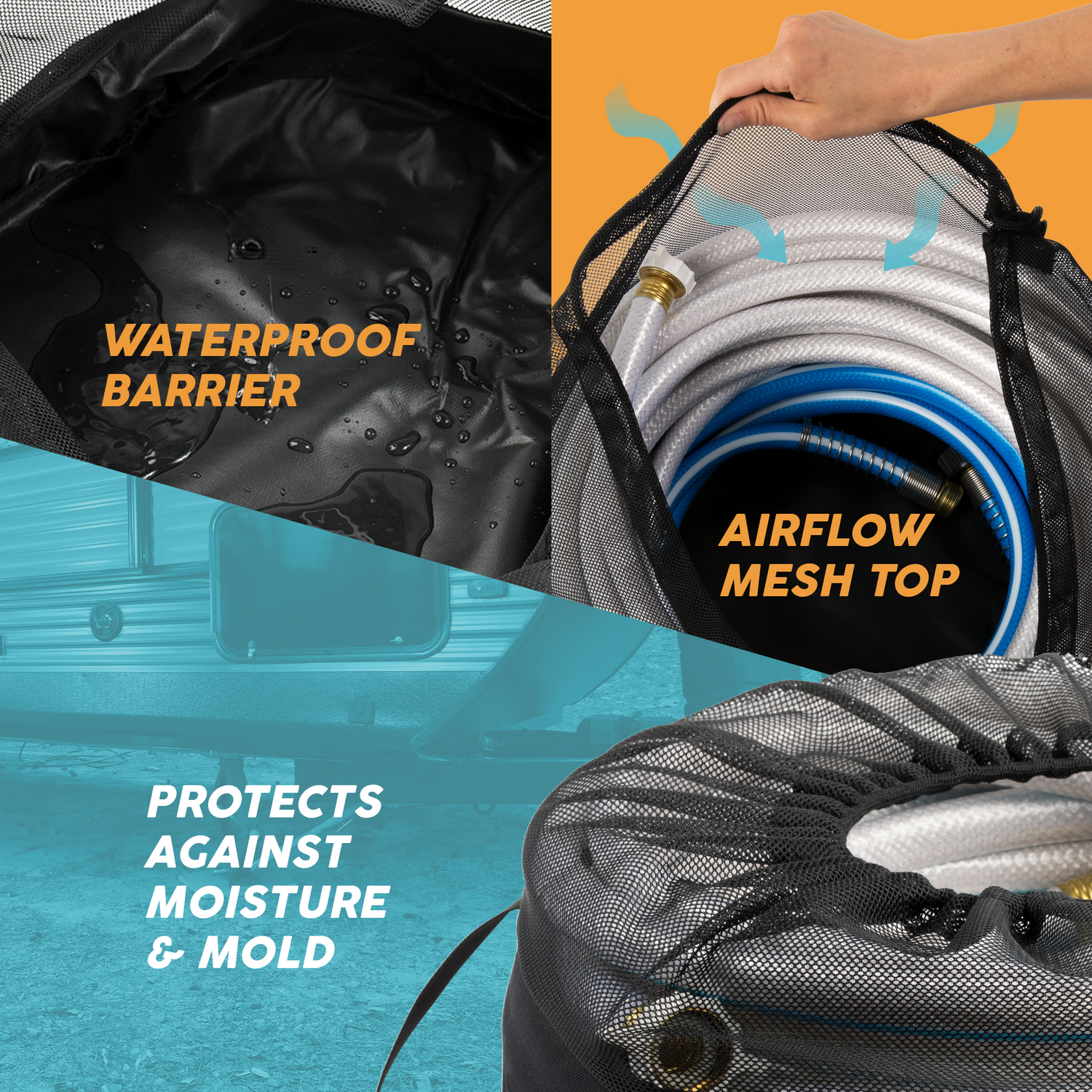 RV hose bag with key features including a waterproof barrier and an airflow mesh top, providing protection against moisture and mold. The image showcases the inside of the bag, demonstrating its waterproof properties, and a hand holding the mesh top to allow air circulation. This essential RV accessory is designed to keep hoses dry and clean, making it a vital camper accessory for travel trailers and mobile homes. Ideal for RV camping, the hose bag ensures organized and hygienic storage of hoses.
