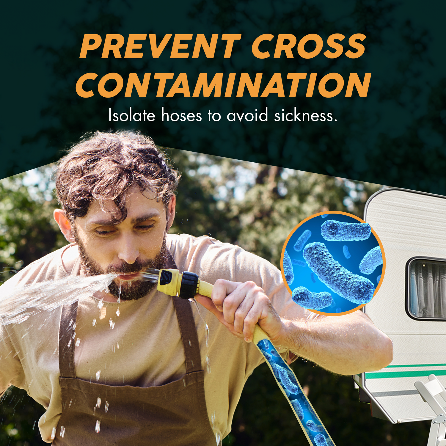 Man drinking from an RV hose with a warning about preventing cross-contamination, highlighting the need to isolate hoses to avoid sickness. This image emphasizes the use of labeled RV hose bags, an essential camper accessory for organizing and maintaining cleanliness in travel trailers and mobile homes. These RV accessories are crucial for keeping different types of hoses, such as fresh water, black water, and electric, separated and preventing contamination during RV camping.