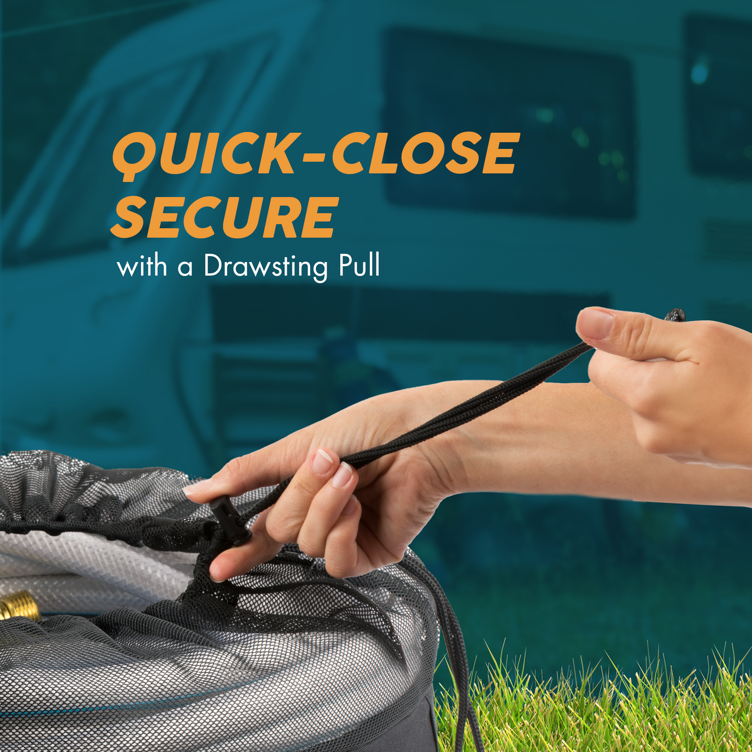RV hose bag being securely closed with a drawstring pull, demonstrating the quick-close feature. The image shows hands pulling the drawstring to tightly seal the bag, ensuring the hose is neatly stored and protected. This essential RV accessory is perfect for organizing hoses in travel trailers and mobile homes, making it a vital camper accessory for RV camping. The hose bag helps maintain cleanliness and prevents contamination, keeping RV supplies tidy and secure.