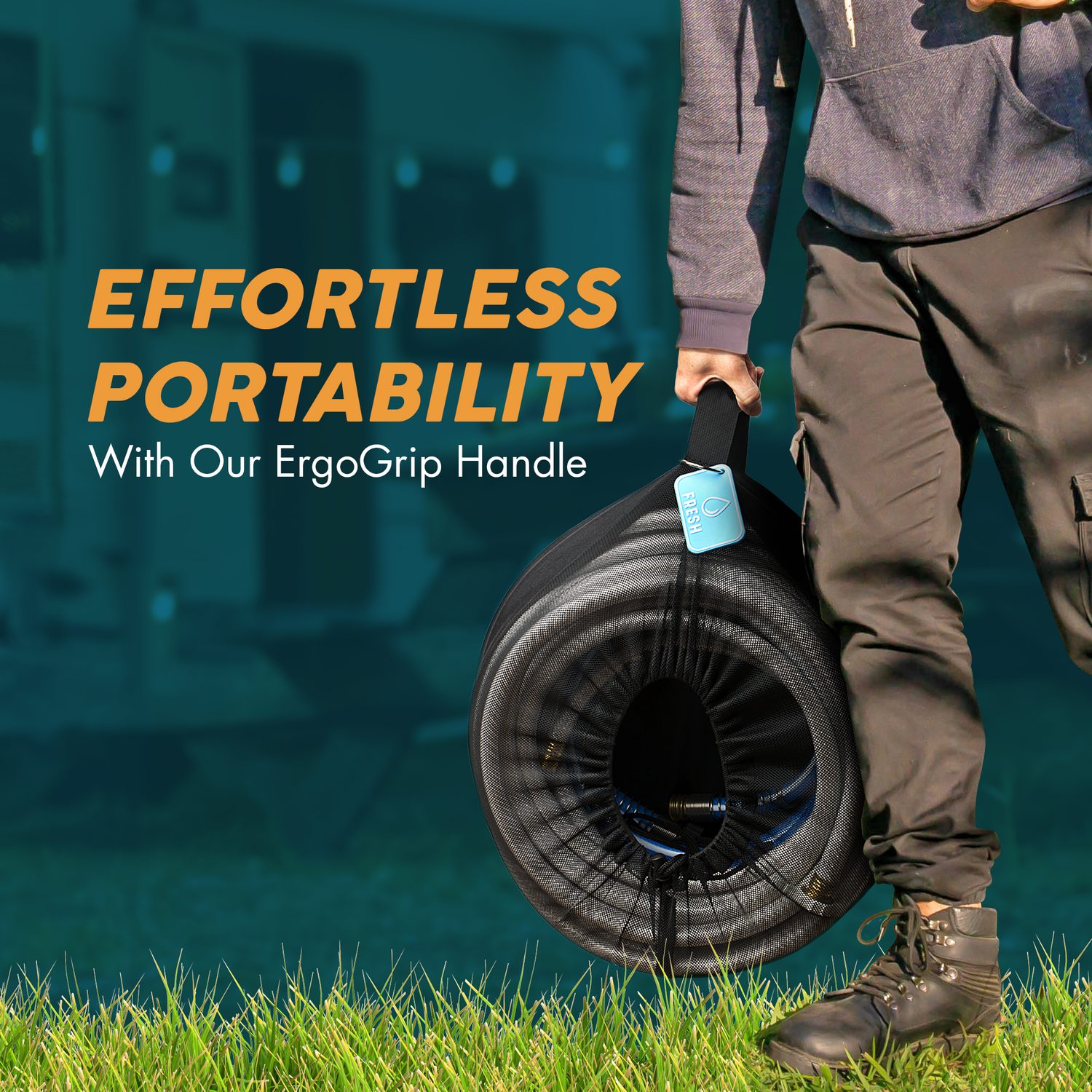 Person carrying an RV hose bag with an ErgoGrip handle, demonstrating effortless portability. The image shows the bag labeled 'Fresh' being easily transported, emphasizing the convenience of this essential RV accessory. Ideal for organizing hoses in travel trailers and mobile homes, this camper accessory is crucial for RV camping, ensuring hoses are neatly stored and easily moved. The hose bag helps maintain cleanliness and prevents contamination, making RV supplies more manageable