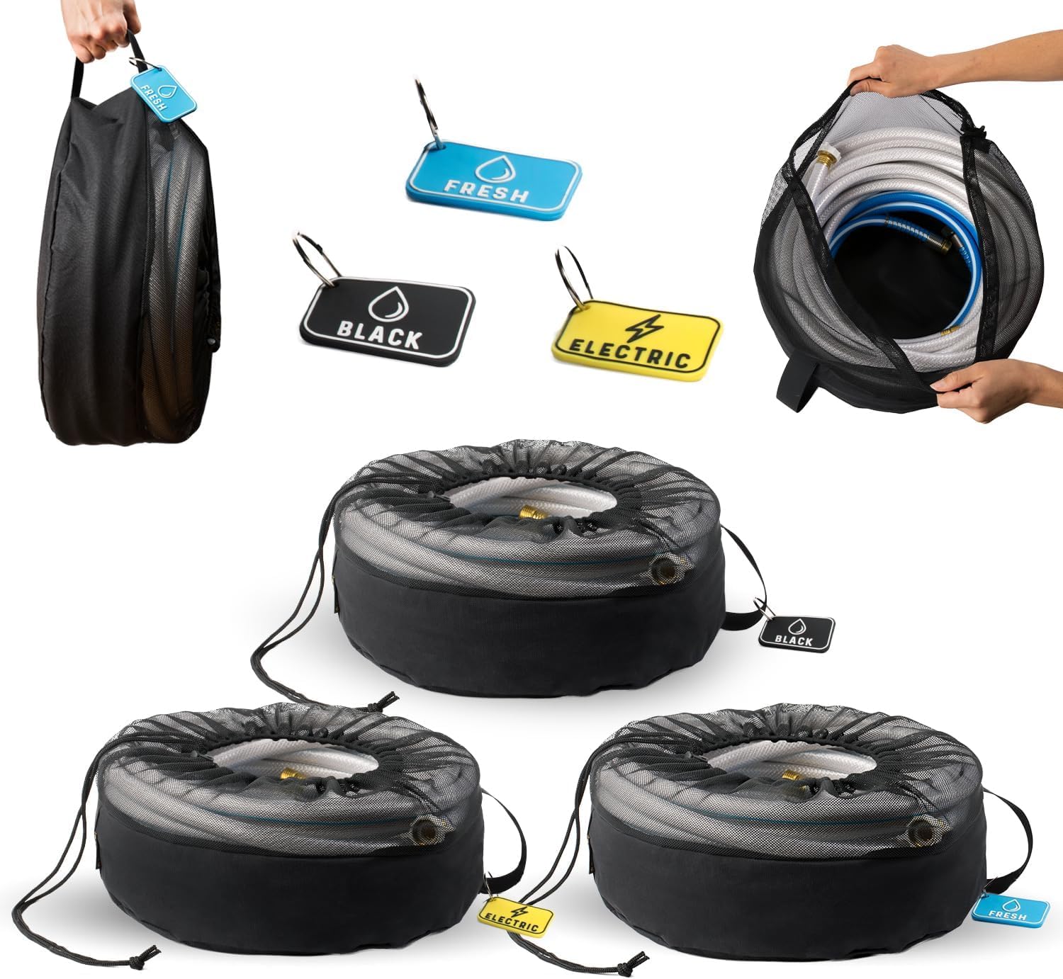 Set of RV hose bags labeled for fresh water, black water, and electric hoses, an essential RV accessory for organizing travel trailers and mobile homes. The image shows different bags with tags for easy identification and a person placing a hose into a bag.