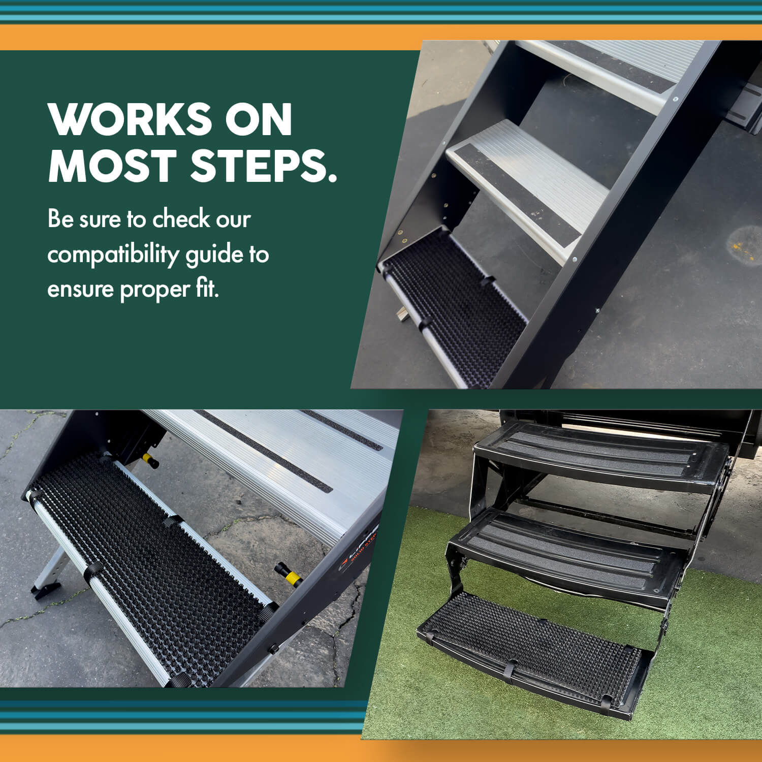 Various RV steps fitted with the TrailScrubber mat, demonstrating its compatibility with most RV step designs. The image includes three different setups showing the mat securely installed on both folding and fixed steps. This essential RV accessory ensures dirt and debris are removed before entering the RV, maintaining cleanliness in travel trailers and mobile homes.