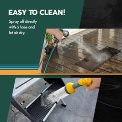 Demonstrating the easy cleaning process for the TrailScrubber mat, a must-have RV accessory. The image shows two scenarios: the top shows a person using a hose to spray off the mat placed on a wooden surface, and the bottom displays a person cleaning the mat installed on an RV step. This camper essential ensures that the mat stays clean and effective in removing dirt and debris from shoes, making it perfect for travel trailers and mobile homes.