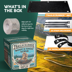 Contents of the TrailScrubber box, an essential RV accessory. The image displays the TrailScrubber mat, three installation straps, three strap organizers, and a free 72-inch reflective tape for night-time visibility of RV steps. The box, prominently labeled 'TrailScrubber Boot & Shoe Scrub,' highlights this camper essential designed to keep RV steps clean.