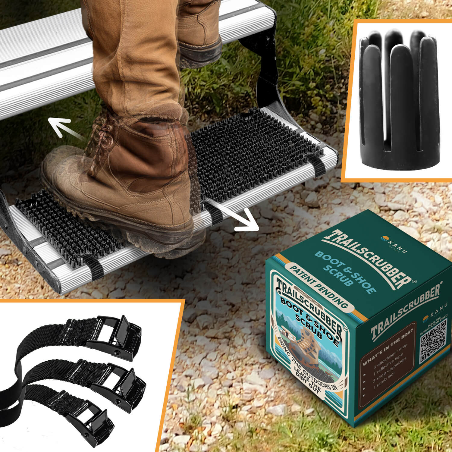 TrailScrubber boot cleaner for RV step, an essential camper accessory, shown in use. Perfect for travel trailers and mobile homes, this RV accessory is a must-have for outdoor camping. The product box is also visible next to the RV step cover, highlighting its use in keeping RV steps clean and dirt-free.