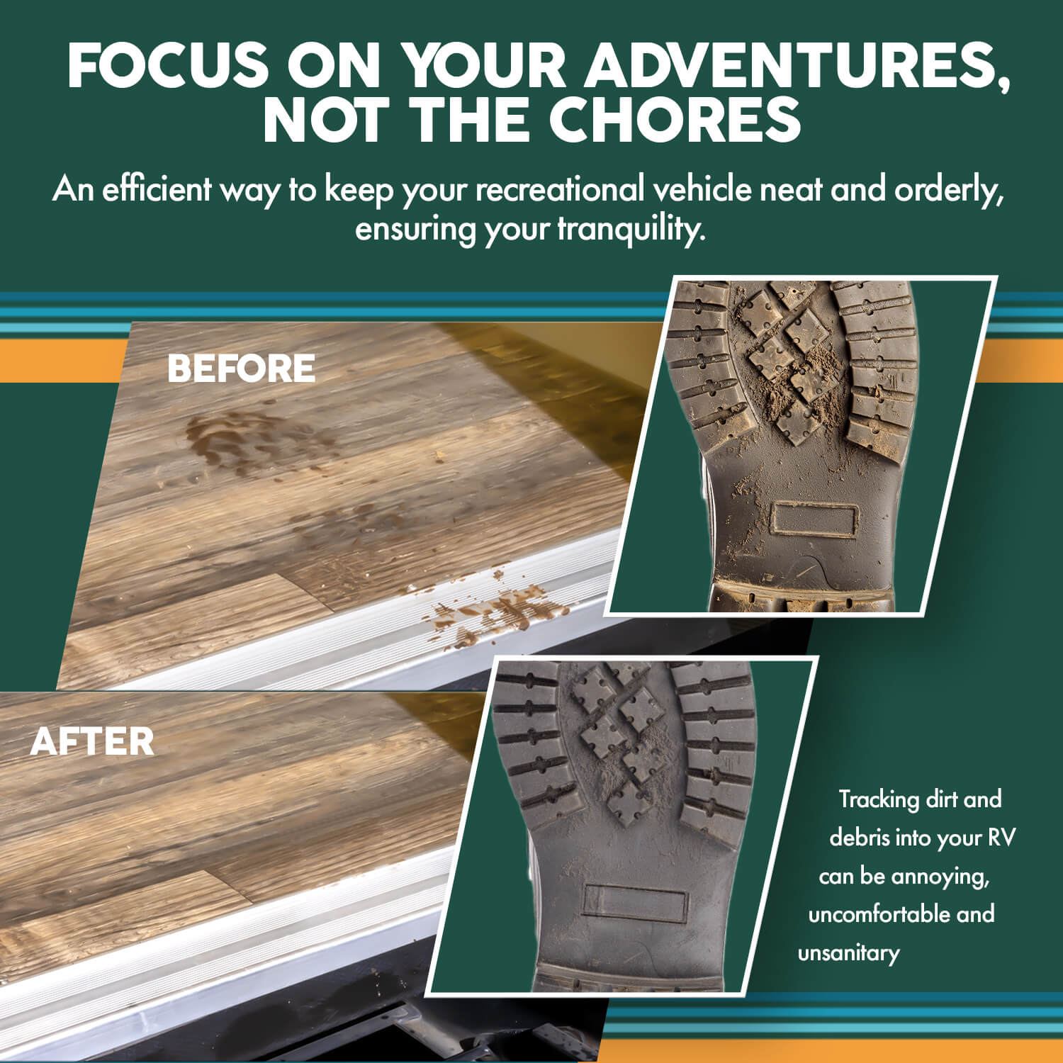 Before and after comparison of using the TrailScrubber on an RV step, demonstrating its effectiveness in keeping the RV clean. This camper essential is a must-have for any RV owner, preventing dirt and debris from being tracked inside. The image highlights how this RV accessory maintains the cleanliness of travel trailers and mobile homes, making it an important part of RV camping must-haves and camper accessories.