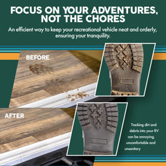 Before and after comparison of using the TrailScrubber on an RV step, demonstrating its effectiveness in keeping the RV clean. This camper essential is a must-have for any RV owner, preventing dirt and debris from being tracked inside. The image highlights how this RV accessory maintains the cleanliness of travel trailers and mobile homes, making it an important part of RV camping must-haves and camper accessories.